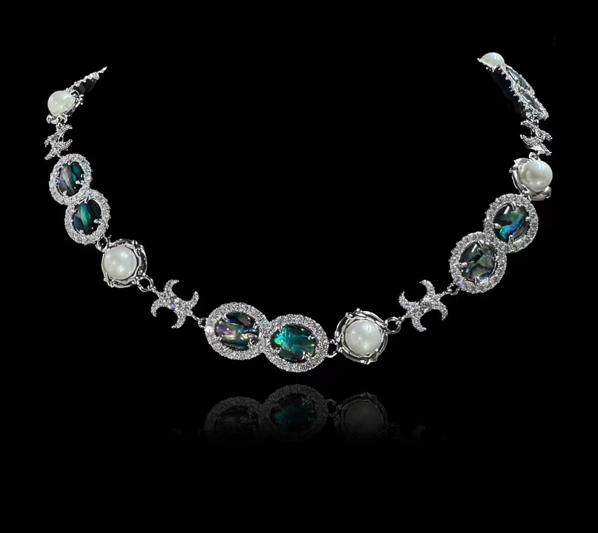 Paraiba Green Tourmaline Full Diamond Necklace; Cut Green Diamonds